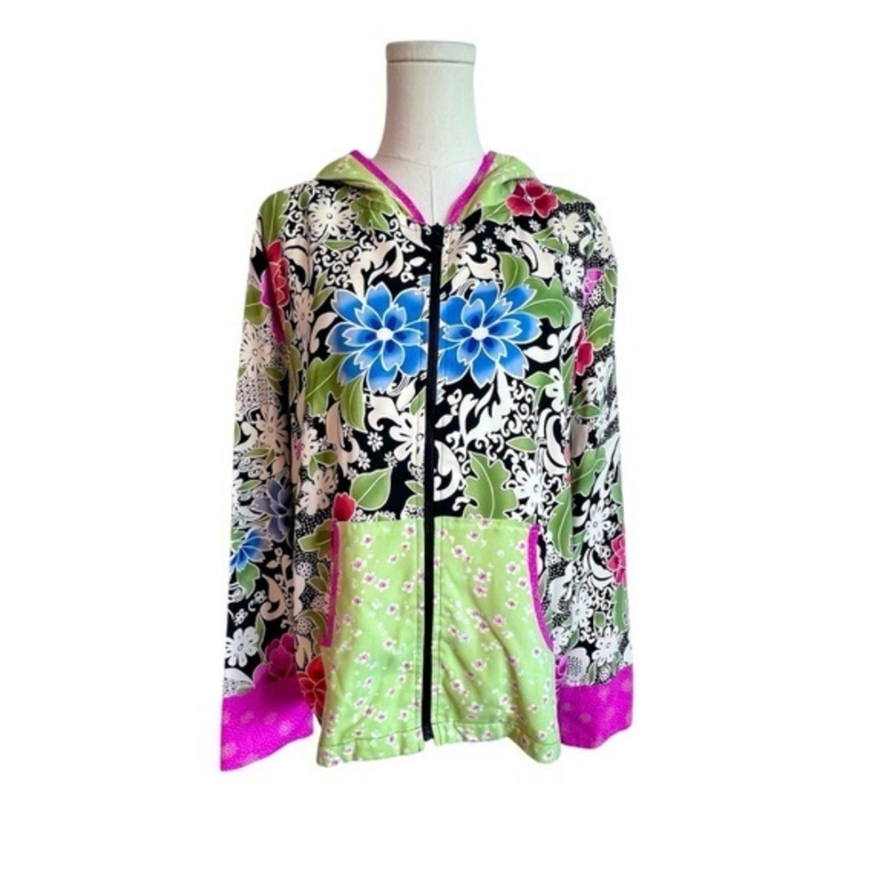Anne‎ Carson 100% Silk Floral Print Zip Hoodie Jacket Green Pink Women’s Size XL